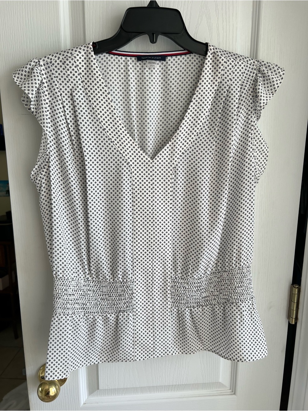Tommy Hilfiger White and Black Polka Dot V-Neck Flutter Sleeve Blouse